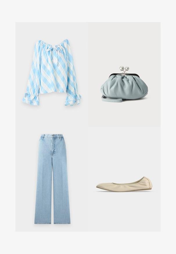Lyseblå og hvide ternet off-shoulder bluse med lange pufærmer, flæsekantede manchetter og en bindebånd i halsudskæringen.; Lyseblå bredbenede jeans lavet af denim med høj talje, som har fem bæltestropper, en frontknaplukning og stikninger.; Beige blødt læder balletsko med rundet tå, lavt snit i siden og tynd gummisål på en ensartet hvid baggrund.; Lille lyseblå læder møntpung med sølv metal kysse-lås og kort håndledsrem på ensfarvet baggrund.