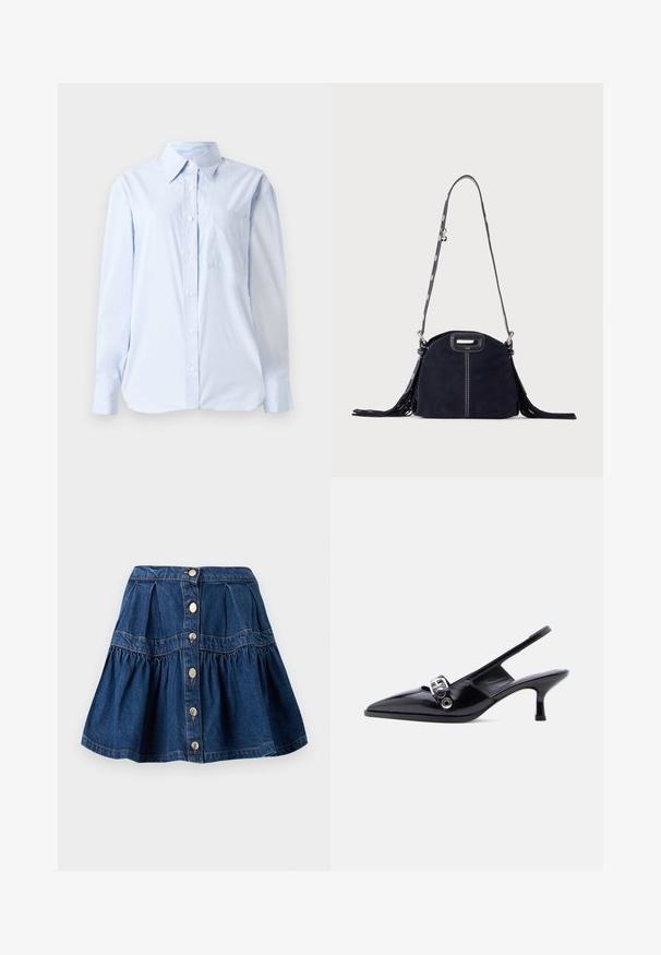 Helles blaues Button-Down-Hemd aus Baumwolle, mit einem spitzen Kragen, langen Ärmeln, einer Brusttasche und einem geraden Saum.; Blauer Jeansrock mit vorderer Knopfverschluss, gerafftem unteren Bereich und abgenähten Paneeldetails auf weißem Hintergrund.; Schwarzer Slingback-Pumps aus Lackleder mit kleinem Absatz, spitzer Zehenpartie und silberner Schnallendetail, auf einfachem weißem Hintergrund.; Dunkelblaue Wildlederhandtasche mit weißen Nähten, einem ausgeschnittenen Griff, gemustertem Schulterriemen und langen Fransen an beiden Seiten.
