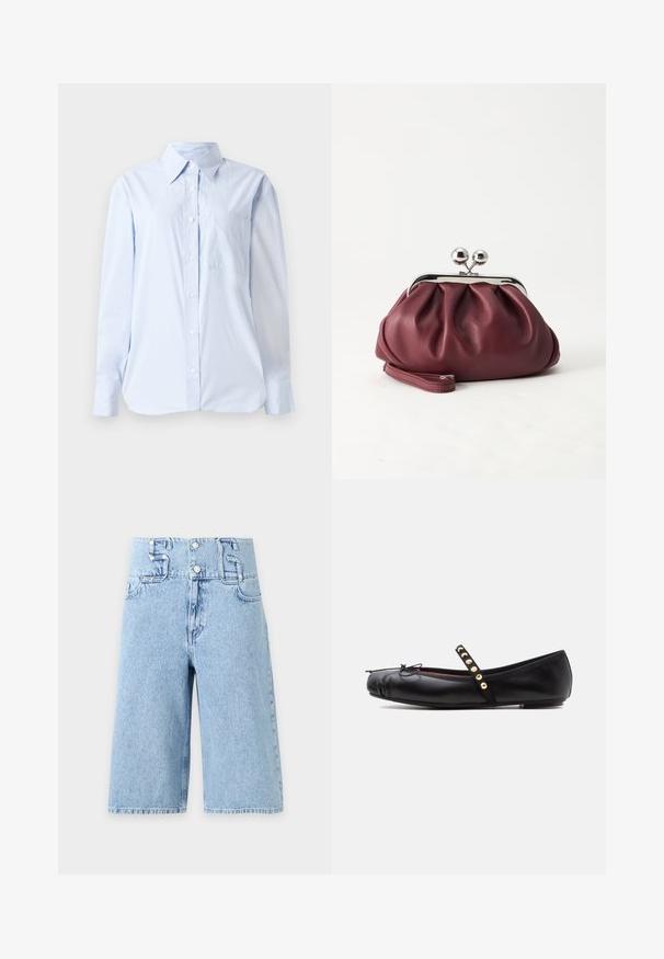 Helles blaues Button-Down-Hemd aus Baumwolle, mit einem spitzen Kragen, langen Ärmeln, einer Brusttasche und einem geraden Saum.; Hellblaue High-Waist-Jeansshorts mit weitem Bein, vordere Knopfleiste und großen Gürtelschlaufen in Form der Zahlen fünf und sechs.; Schwarzer Leder-Ballerinaschuh mit einem Riemen, der sechs goldene Nieten und eine kleine Schleife auf der abgerundeten Spitze hat.; Kleine burgunderrote Lederclutch mit silbernem Metallverschluss und Handgelenksriemen auf weißem Hintergrund.