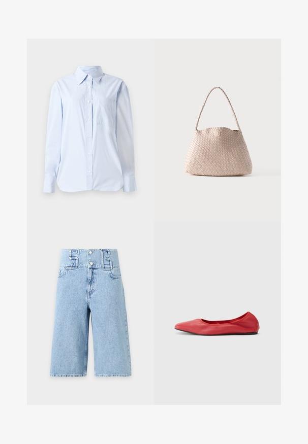 Lichtblauw overhemd van katoen met een puntige kraag, lange mouwen, een borstzak en een rechte zoom.; Lichtblauwe high-waist denim shorts met wijde pijpen, knoopsluiting aan de voorkant en grote ceintuurlussen in de vorm van de cijfers vijf en zes.; Filippa K REY FLATS - Ballerina's - bright red; Beige geweven leren schoudertas met een afgeronde vorm en gevlochten handvat, met een kleine ronde leren knoopsluiting.