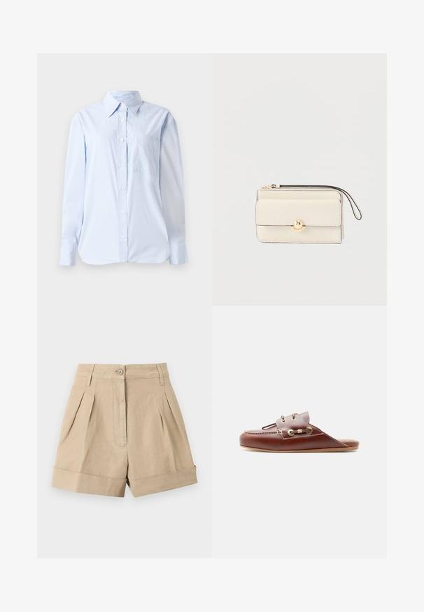 Lyseblå button-up skjorte lavet af bomuld, med spids krave, lange ærmer, en brystlomme og en lige kant.; Beige shorts med høj talje og skræddersyet pasform, med forreste plisseringer, knap- og lynlåslukning, bæltestropper og opsmøgede kanter.; Brun lædersko med slip-on, moc-tå syning, guldøjelets og dekorativ snøredetalje på siden, flad sål, sideprofil.; Cremefarvet læderhåndledspung med frontklap, guldknaplukning, lynlåsskab og håndledsrem på lys baggrund.