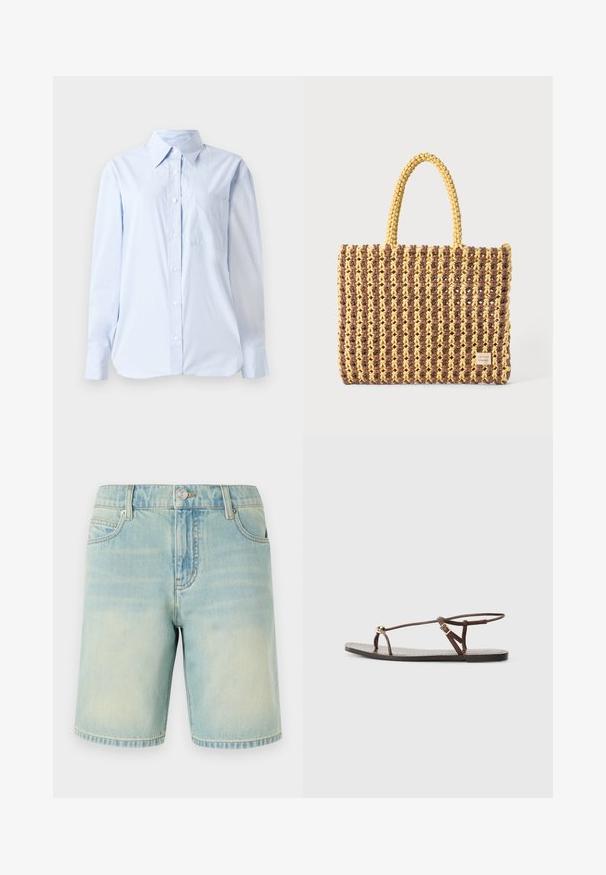 Lichtblauw overhemd van katoen met een puntige kraag, lange mouwen, een borstzak en een rechte zoom.; Lichtblauwe denim shorts met een vervaagde afwerking, voorzien van een vijf-pocket design, zichtbare stiksels en een metalen knoopsluiting bij de tailleband.; Bruine leren sandaal met dunne banden, een gouden cirkelaccent en een platte zool. Minimalistisch ontwerp met een verstelbare gesp.; Geweven tas in bruin en geel, met een rechthoekige vorm, twee handvatten en een textuurafwerking met zichtbare stiksels en een merketiket.