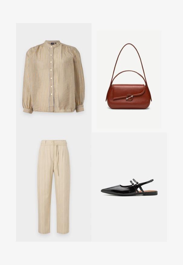 Overhemd met een hoge kraag, gele en blauwe verticale strepen, lange mouwen met gathered manchetten, en zes knopen aan de voorkant.; Beige gestreepte broek met een relaxte pasvorm, voorzien van een geplooid taille, knoopsluiting en strikceintuur, gemaakt van lichtgewicht stof.; Zwarte gepatineerde leren slingback schoenen hebben een spitse neus, twee banden met gespsieraden en een platte zool.; Bruine leren schoudertas met afgeronde rechthoekige vorm, asymmetrische klep, zilveren ronde sluiting en twee dunne bandjes.