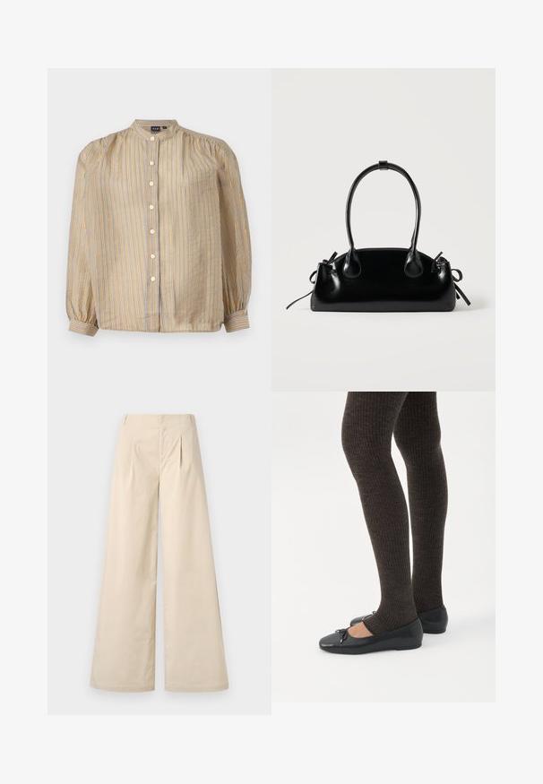 Napapijri-paita, jossa on korkea kaulus, keltainen ja sininen pystyraita, pitkät hihat, joissa on kerätyt hihansuut, ja kuusi nappia edessä.; Beige leveled trousers dengan pinggang tinggi, lipatan depan, dan tekstur katun yang halus. Dilengkapi dengan kantong samping dan desain yang bersih serta terawat.; Jalat, joissa tummat ribbineuleiset leggingsit yhdistettynä mustiin balettitossuihin, joissa on pienet rusettikoristeet valkoisella taustalla.; Pieni musta kiiltävä käsilaukku, jossa on kaksi pitkää kantokahvaa ja sivulla nyöritys yksityiskohtia yksinkertaisella vaalealla taustalla.