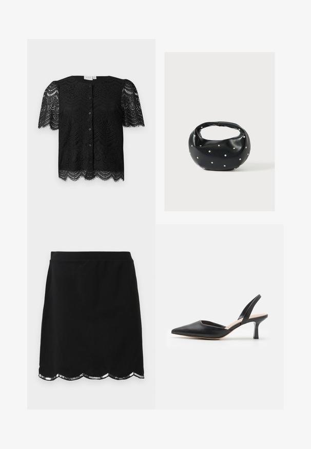 Zwarte kanten blouse met korte pofmouwen, met een scalloped zoom en knopen aan de voorkant. Gedetailleerd bloemenkantpatroon door het hele kledingstuk.; Zwarte knielange rok met een golvende zoomrand versierd met zilveren pailletten, gladde stof en een aansluitende tailleband.; Zwarte leren slingback schoen met een spitse neus, een dunne hak en een schoon ontwerp, met een slanke silhouet en een gladde textuur.; Zwarte leren handtas met een afgeronde vorm, versierd met zilveren studs, en een korte handgreep. Gladde textuur en ritsluiting.