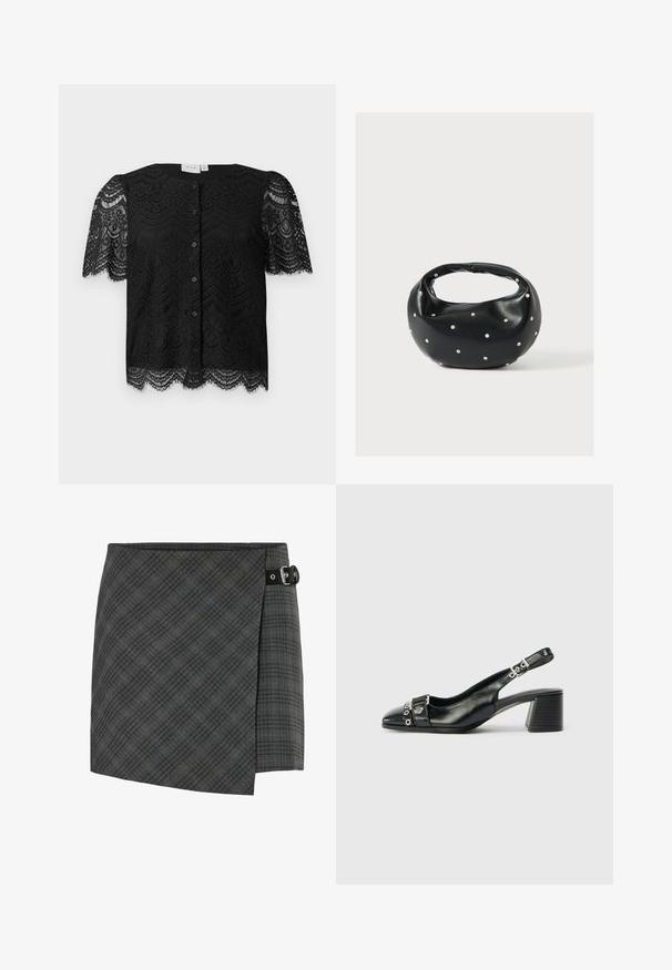 Zwarte kanten blouse met korte pofmouwen, met een scalloped zoom en knopen aan de voorkant. Gedetailleerd bloemenkantpatroon door het hele kledingstuk.; Donkergrijze geruite wollen wikkelrok met zwarte gespdetail aan de rechterzijde, rechte zoom en subtiele diagonale lijnenpatroon.; Zwart leren slingback hak met een spitse neus, eenTextuur strap met cirkelvormige metalen accenten en een gestapelde blokhak.; Zwarte leren handtas met een afgeronde vorm, versierd met zilveren studs, en een korte handgreep. Gladde textuur en ritsluiting.