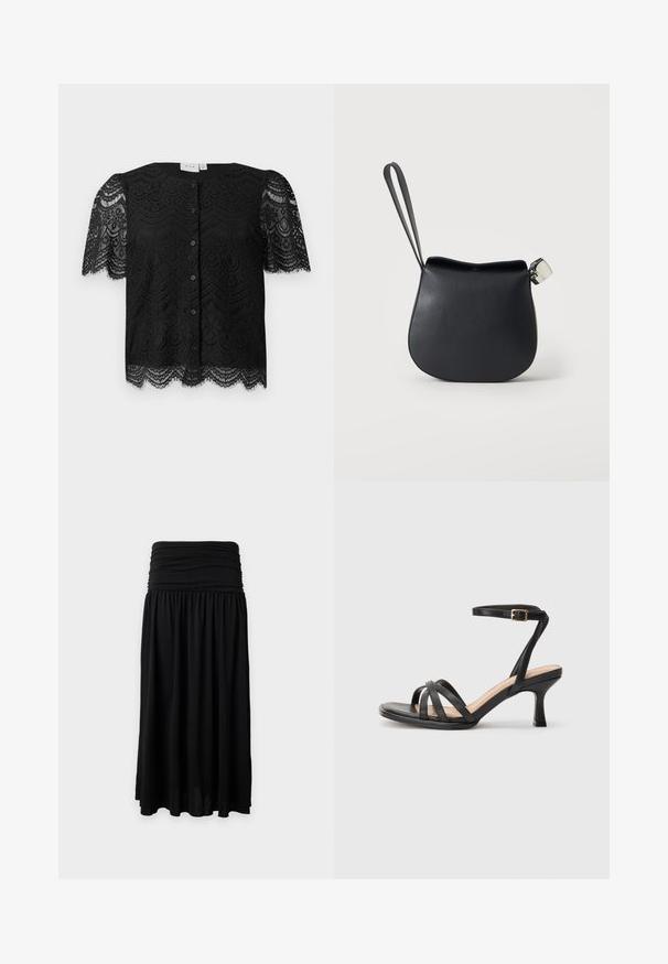 Zwarte kanten blouse met korte pofmouwen, met een scalloped zoom en knopen aan de voorkant. Gedetailleerd bloemenkantpatroon door het hele kledingstuk.; Zwarte lange rok met een brede geplooide tailleband en een vloeiende, geplooide stof op een effen lichte achtergrond.; Zwarte sandalen met hakken, voorzien van meerdere dunne banden over de tenen, een enkele enkelband met een gouden gesp en een vierkante neus.; Zwart leren polstasje met afgeronde bodem en zilveren gesp op een effen witte achtergrond.