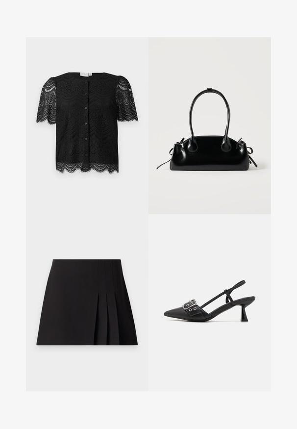 Zwarte kanten blouse met korte pofmouwen, met een scalloped zoom en knopen aan de voorkant. Gedetailleerd bloemenkantpatroon door het hele kledingstuk.; Zwarte geplisseerde minirok van soepele stof. Heeft een aansluitende tailleband en subtiele stiksels langs de plooien voor textuur.; Simmi London DALA - Klassieke pumps - black; Kleine zwarte glanzende handtas met twee lange hengsels en zijkant trekkoord details op een effen lichte achtergrond.