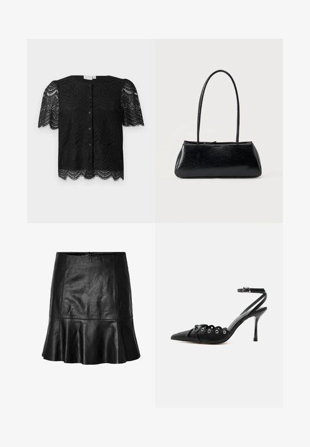 Blusa de encaje negro con mangas cortas abullonadas, con un dobladillo en forma de ondas y botones en el frente. Patrón de encaje floral intrincado a lo largo de toda la prenda.; Minifalda de cuero negro con dobladillo acampanado y detalles de costura visibles, con cierre de cremallera en la parte trasera.; Zapato de tacón alto negro con punta fina, bordes ondulados, ojales metálicos, cordones delanteros y una correa en el tobillo con cierre de hebilla.; Bolso de hombro rectangular negro con correas largas y delgadas y una textura lisa y brillante sobre un fondo liso.