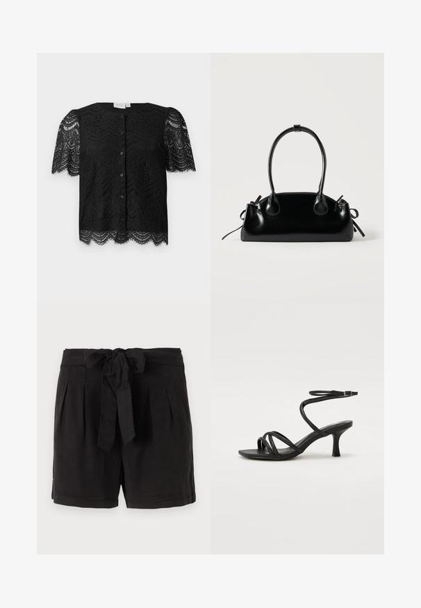 Zwarte kanten blouse met korte pofmouwen, met een scalloped zoom en knopen aan de voorkant. Gedetailleerd bloemenkantpatroon door het hele kledingstuk.; Zwarte katoenen shorts met een strikgordel in de taille, plooien aan de voorkant en zijzakken. Gladde textuur en casual ontwerp.; Even&Odd Wide Fit by Zalando Sandalen - black; Kleine zwarte glanzende handtas met twee lange hengsels en zijkant trekkoord details op een effen lichte achtergrond.