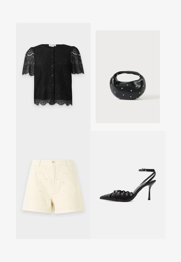 Zwarte kanten blouse met korte pofmouwen, met een scalloped zoom en knopen aan de voorkant. Gedetailleerd bloemenkantpatroon door het hele kledingstuk.; Geel denim shorts met een hoge taille en een losse pasvorm, met kleine zilveren studs die over de voorkant zijn verspreid voor detail.; Zwarte pumps met hoge hak en spitse neus, gegolfde randen, metalen oogjes, vetergespsluiting aan de voorzijde en enkelriem met gespsluiting.; Zwarte leren handtas met een afgeronde vorm, versierd met zilveren studs, en een korte handgreep. Gladde textuur en ritsluiting.