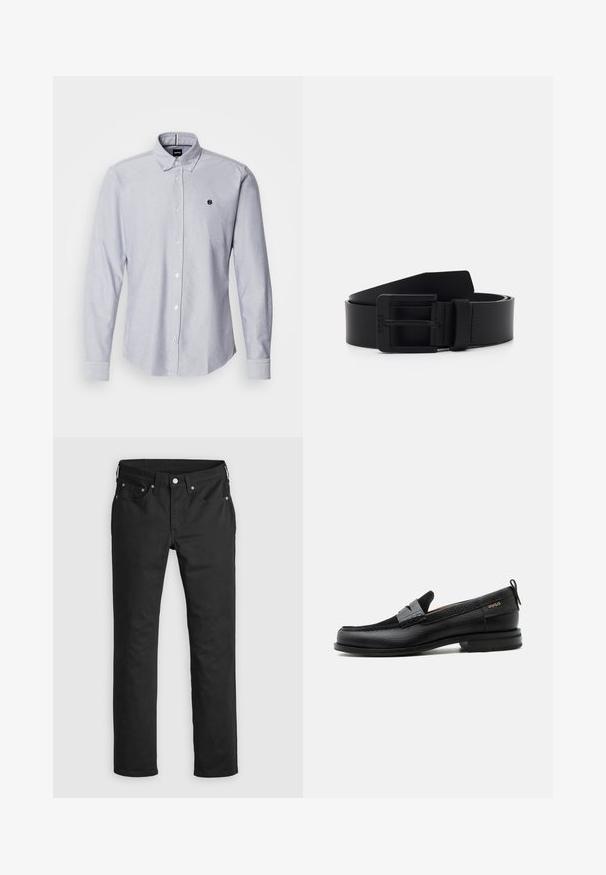 Himmelblaues Button-Up-Hemd mit langen Ärmeln, aus einem strukturierten Stoff gefertigt. Verfügt über ein kleines Logo auf der linken Brust und Standardmanschetten.; Schwarze Jeanshose mit geradem Bein, ausgestattet mit einem Reißverschluss, fünf Taschen und Metallknopf-Akzenten. Glatte Textur.; Schwarzer Lederloafer mit grauem Riemendetail, niedrigem Absatz und strukturierter Sohle, seitlich mit „HUGO“ in Gold gebrandmarkt.; Schwarzer Leder Gürtel mit matter Oberfläche, ausgestattet mit einer rechteckigen Metallschnalle und glatter Textur. Einfaches Design ohne Muster oder Akzente.