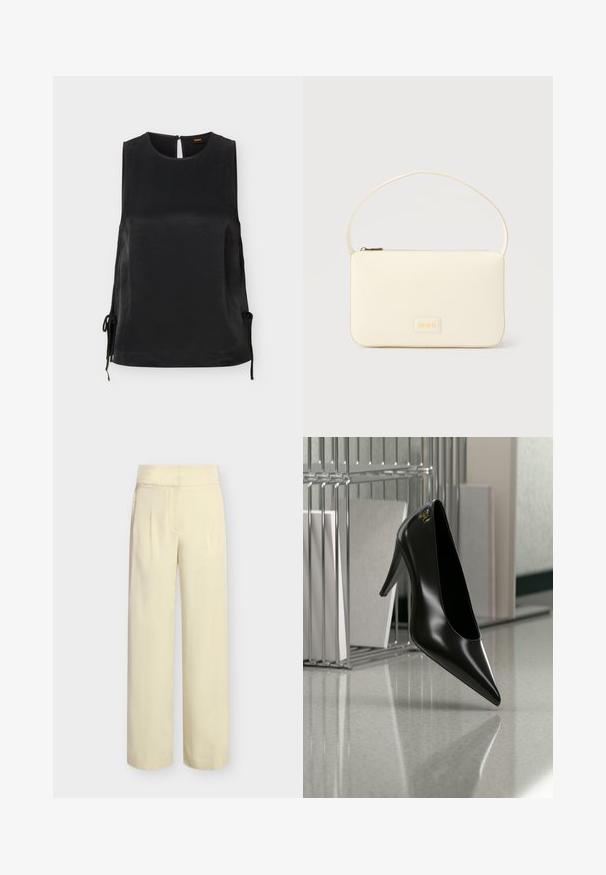 Blouse sans manches en satin noir avec encolure ronde, détails noués sur les côtés et fermeture par boutons au dos.; Pantalon large taille haute beige avec plis devant et fermeture éclair invisible sur un fond neutre.; Chaussure noire à talon haut avec bout pointu et logo doré, posée sur une surface réfléchissante près d'un organiseur de dossiers en fil chromé contenant des documents.; Sac à main rectangulaire de couleur crème avec une seule sangle et une fermeture éclair sur le dessus, comportant une petite plaque de logo embossé à l'avant.
