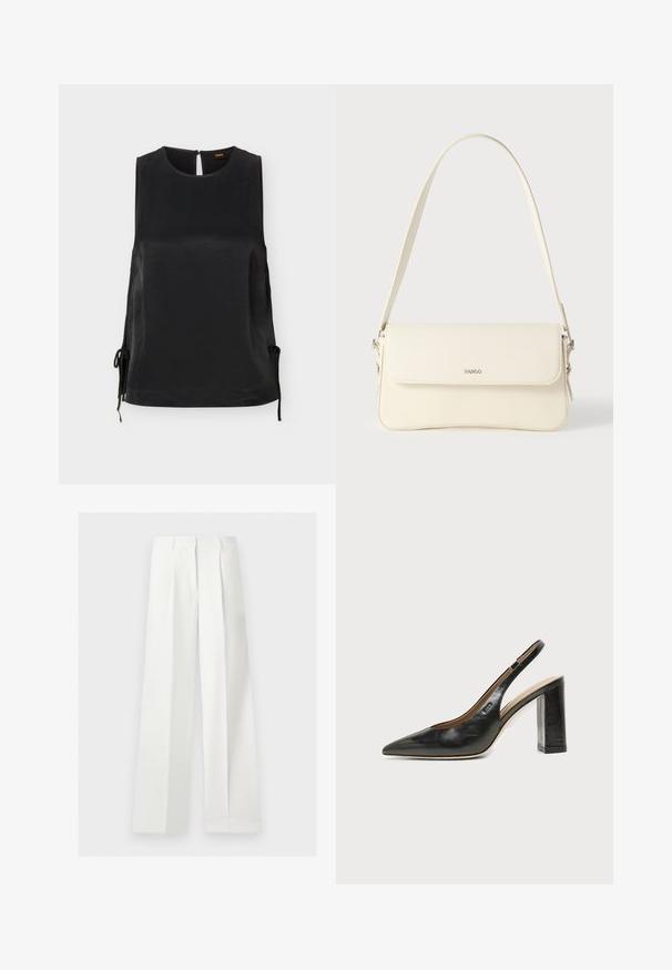 Blouse sans manches en satin noir avec encolure ronde, détails noués sur les côtés et fermeture par boutons au dos.; Pantalon blanc taille haute à jambes larges, confectionné, avec plis devant et fermeture éclair cachée.; Chaussure slingback en cuir noir à bout pointu avec un talon bloc haut et une doublure intérieure beige sur un fond clair uni.; Sac à bandoulière en cuir couleur crème avec fermeture à rabat, quincaillerie argentée, une bandoulière réglable et un logo discret.