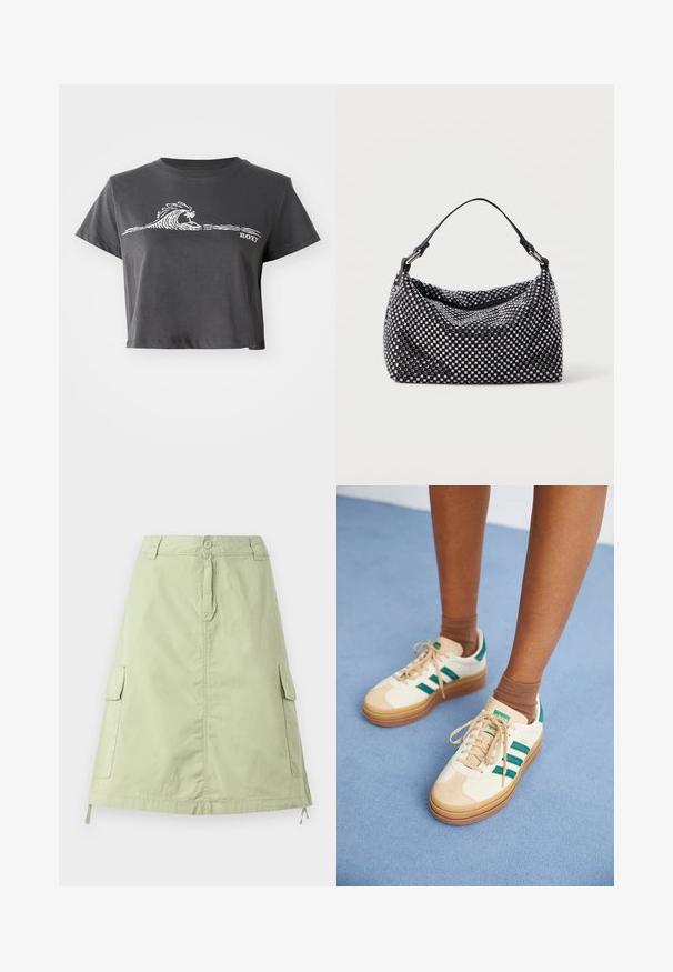 Camiseta corta de color gris oscuro con un gráfico de ola estilizada en blanco, una palmera y el texto "ROXY" en la parte delantera.; Falda de algodón verde claro, hasta la rodilla, con dos bolsillos laterales tipo cargador, cierre de botón y un corte recto relajado. Textura lisa.; Zapatillas color beige con rayas verde oscuro, suela de goma, parte superior de ante y textil, y accesorios en color neutro, acompañadas de calcetines marrones sobre una superficie azul clara.; Bolso negro y plateado con una superficie tejida y texturizada que presenta patrones cuadrados, un asa superior única y un diseño holgado.
