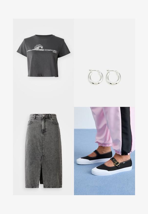 T-shirt noir chiné court avec un graphisme de vague stylisée, un palmier et le texte "ROXY" sur le devant.; Jupe midi en denim noir délavé, taille haute, avec fente frontale, passants de ceinture et design classique à cinq poches.; Baskets noires en toile avec une semelle blanche, présentant un design découpé et une sangle en boucle dorée. Portées avec un pantalon de survêtement rose.; Boucles d'oreilles en argent avec une finition polie, présentant une forme circulaire et une fermeture à charnière. Texture lisse avec un minimum de détails.