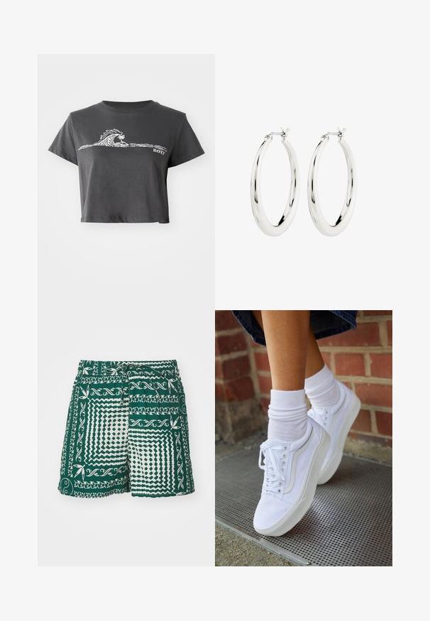 Donkere grijze cropped T-shirt met een witte gestileerde golf, palmboom grafiek en "ROXY" tekst op de voorkant.; Groene shorts met witte patronen, waaronder geometrische vormen en bloemmotieven. Voorzien van een trekkoord in de taille en een ontspannen pasvorm.; Witte canvas sneakers met rubberen zolen, voorzien van zes vetertjes, een ronde neus en lichte stikdetails, gecombineerd met witte enkelsokken.; Zilveren oorbellen in de vorm van een gladde, glanzende ring. Circulaire vorm, voorzien van een veilige sluiting. Eenvoudig en elegant ontwerp.