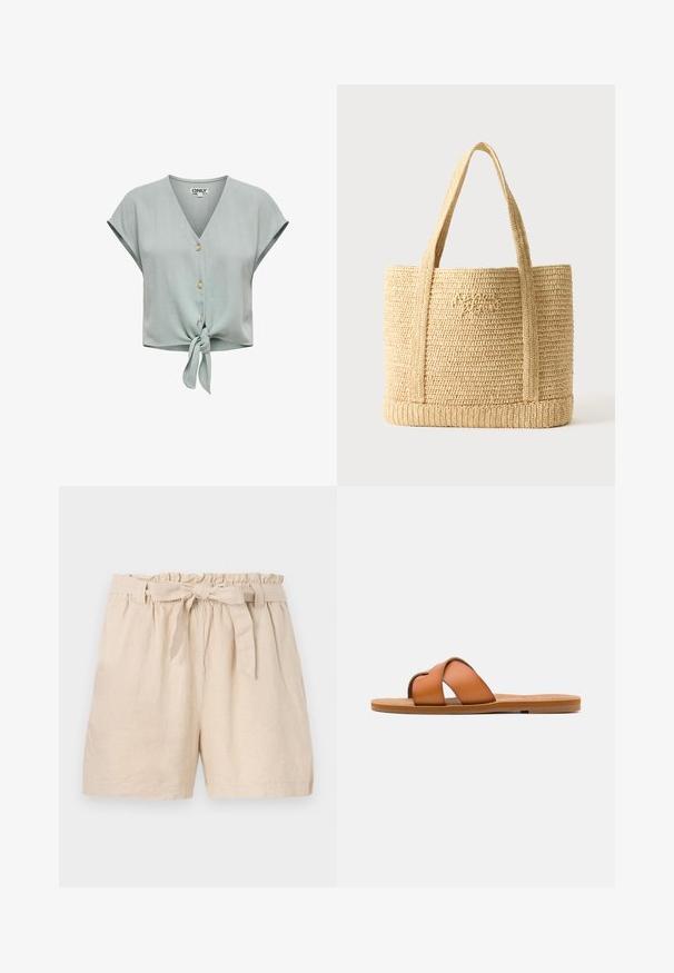 ONLY ONLSIESTA - Blouse - abyss; Shorts en lin beige avec une taille élastique, un ourlet froncé et une ceinture à nouer amovible. Présente une coupe décontractée et un tissu lisse et texturé.; Sandale diapositive en cuir marron avec des lanières croisées, semelle plate, texture lisse et caractéristiques de design minimaliste pour un usage décontracté.; Sac cabas en paille tressée beige avec deux bretelles et une broderie cursive subtile sur le devant, sur un fond uni.