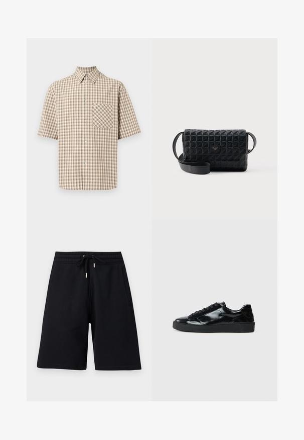 Camisa de cuadros de manga corta en beige y marrón con cuello puntiagudo y un bolsillo en el pecho con un solo botón.; Pantalones cortos negros hasta la rodilla con cinturilla elástica y cordón, que cuentan con bolsillos laterales y un ajuste holgado.; Zapatillas de charol negro con punta redonda, diseño con cordones, suela de goma texturizada y acabado suave.; Bolso bandolera negro con textura, cierre de solapa y un pequeño logo metálico en el frente, mostrado sobre un fondo liso.