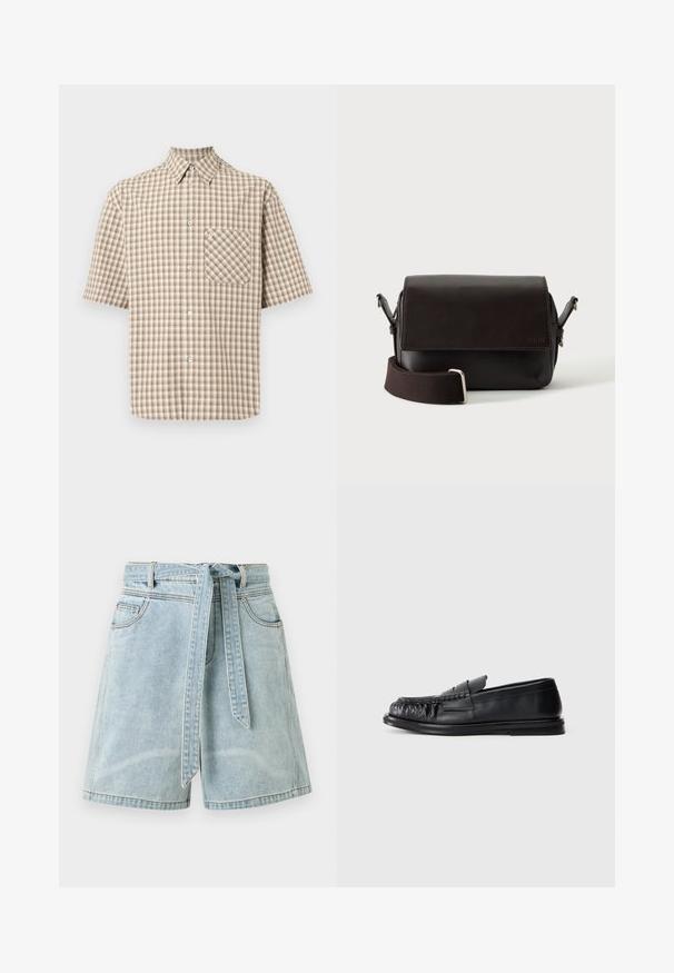 Camisa de cuadros de manga corta en beige y marrón con cuello puntiagudo y un bolsillo en el pecho con un solo botón.; Pantalones cortos de mezclilla azul claro con bolsillos delanteros y un cinturón de tela a juego atado en un nudo en la cintura.; Mocasín de cuero negro con punta redonda y fruncida, y suela plana sobre un fondo blanco liso.; Bolso bandolera de cuero marrón oscuro con cierre de solapa y correa de tela ajustable sobre fondo blanco.