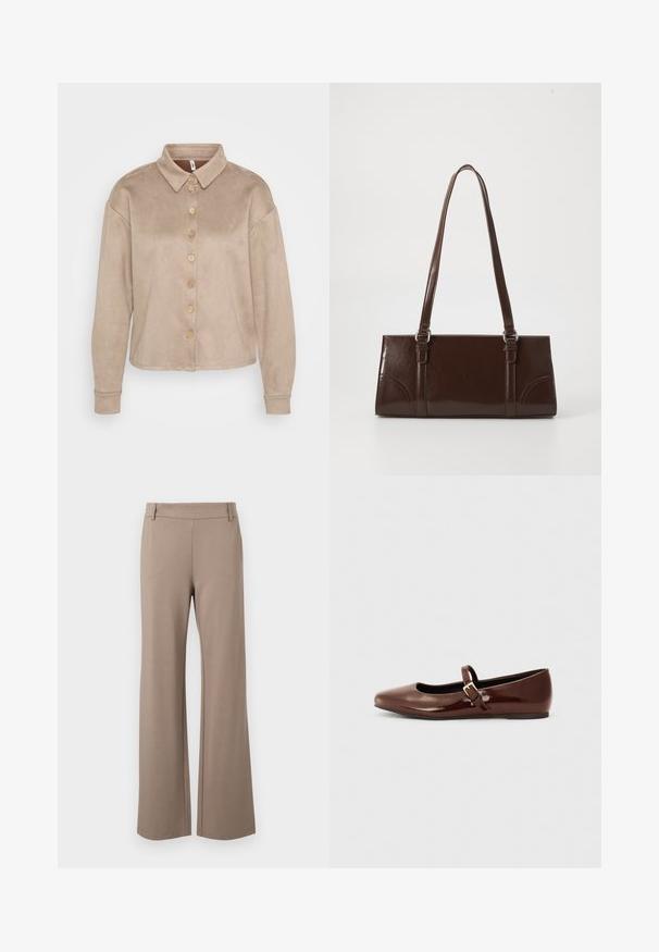 Chemise beige à boutonnage avant en matériau doux semblable au daim. Elle présente un col, des manches longues et des boutons en bois sur le devant.; Pantalons larges marron en tissu doux, avec une texture lisse, une taille plate et sans motifs ni détails matériels visibles.; Ballerine en cuir verni marron avec un bout carré et une lanière ornée d'une petite boucle dorée. Texture lisse, talon bas et design minimaliste.; Sac à main en cuir verni marron de forme rectangulaire, avec deux longues poignées et des accents courbés subtils à l'avant.