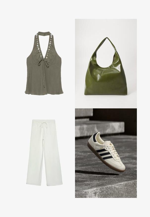 Haut dos-nu vert olive avec col en V profond, décoré de divers boutons blancs le long de l'encolure et fermeture par lien en dessous.; Pantalons larges blancs en tissu doux. Dotés d'une taille élastique avec cordon de serrage et d'une texture lisse. Aucuns motifs visibles ni éléments en métal.; Baskets blanches Adidas Samba avec des bandes noires et une semelle en gomme, flottant au-dessus de marches en béton gris texturé.; Sac hobo en cuir vert au design décontracté, avec une poignée incurvée et une texture lisse. Ne contient aucun matériel ou accent visible.