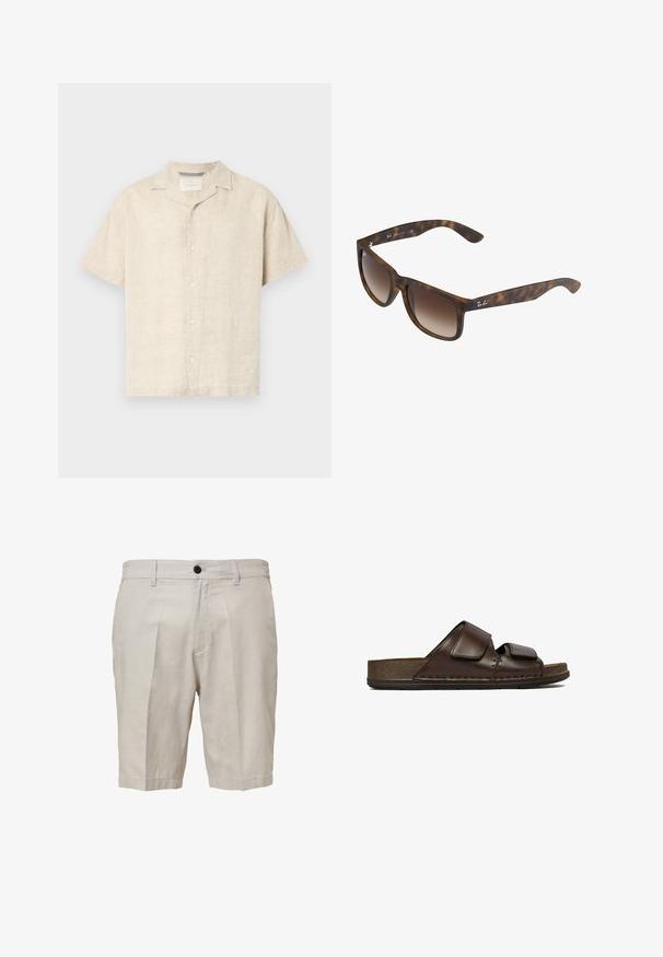 Chemise à manches courtes beige clair en lin, dotée d'un col camp, de lignes épurées et d'une texture subtile, avec cinq boutons à l'avant.; Shorts en lin beige avec des plis, fermeture à boutons, poches latérales et coupe ajustée. Présente une texture lisse et une finition soignée.; Sandale à enfiler en cuir marron foncé avec deux brides Velcro réglables et une semelle épaisse texturée.; Lunettes de soleil en écaille de tortue avec des verres dégradés bruns, de forme rectangulaire, avec des montures épaisses et un accent de logo en argent sur le côté.