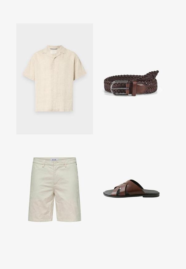 Lys beige kortærmet skjorte med knapper lavet af hør, med en camp krave, rene linjer og subtil tekstur, med fem forreste knapper.; Beige bomuldsshorts med knaplukning, bæltestropper og sidelommer. Glat tekstur og lige snit, velegnet til afslappet brug.; Herrebrun lædersandal med krydsede remme og sort sål, vist i profil mod hvid baggrund.; Brun fletlæderbælte med en sølvmetal spænde og læderdetaljer. Har et struktureret vævemønster og robust konstruktion.