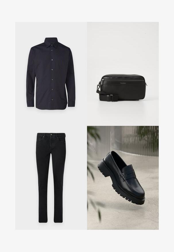 Marine skjorte med lodrette brune striber, lange ærmer, knap-down krave og seks knapper foran, med en glat stoftekstur.; Mørk denim jeans med slim fit, fem lomme-design og metalknaplukning. Glat tekstur og jævn farve gennem hele stoffet.; Sorte læder loafers med en chunky sål, der har en dekorativ rem og syninger. Glat tekstur med en poleret overflade.; Sort læder crossover taske med en lynlåslomme, tekstureret overflade, justerbar rem og Calvin Klein-branding på forsiden.