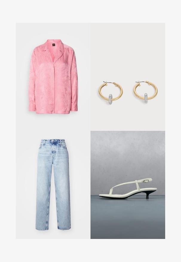 Camisa de botones de color rosa claro con un sutil patrón de hojas de palma. Hecha de una tela suave con un corte relajado y diseño de cuello clásico.; Jeans de tiro alto color azul claro con un corte holgado, que cuentan con piernas rectas, cinco bolsillos y un cierre clásico de botones y cremallera.; Sandalia blanca de tacón kitten con tiras y punta afilada, flotando sobre un suelo de baldosas de madera al aire libre, con un fondo desenfocado de plantas y pared.; Par de pendientes de aro en tono dorado con pequeño detalle de aro en tono plateado en cada uno, expuestos sobre un fondo gris claro.