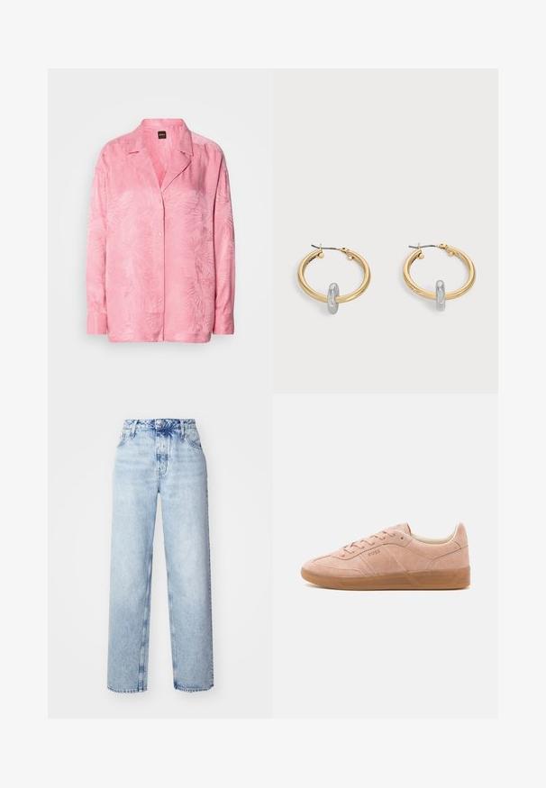 Lyserød skjorte med knaplukning, der har et subtilt palmebladsmønster. Fremstillet af et glat stof med en afslappet pasform og klassisk krave-design.; Lyseblå højtaljede jeans med løs pasform, der har lige ben, fem lommer og en klassisk knap- og lynlåslukning.; Lyserøde suedestøvler med gummisål, rund tå og snørebåndslukning. Har minimal branding på siden og hælen.; Par guldtonede hoop øreringe med lille sølvfarvet loop-detalje på hver, vist mod lysegrå baggrund.