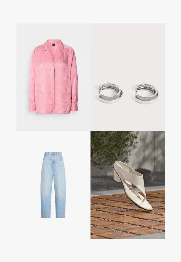 Lichtroze blouse met knopen, voorzien van een subtiele palmbladpatroon. Gemaakt van een gladde stof met een relaxte pasvorm en een klassiek kraagontwerp.; Lichtblauwe, hooggetailleerde, rechte jeans met voorzakken, riemlussen en knoopsluiting.; Witte leren sandalen met hak, brede band en teenstuk, buiten tentoongesteld op een houten en kiezel betegeld oppervlak met groen op de achtergrond.; Een paar kleine, glimmende zilveren oorringen met gladde afgeronde oppervlakken op een effen witte achtergrond.