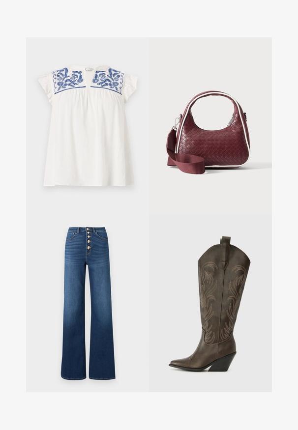 Haut blanc à manches courtes avec broderie florale bleue au niveau du col, présentant des plis pour ajouter du volume et des manches en dentelle douce. Tissu léger et décontracté.; ONLY ONLMADISON BLUSH BUT WIDE - Jean boyfriend - medium blue denim; Botte de cowboy en cuir marron avec un embout pointu, un talon compensé et des broderies décoratives. Dispose d'un long tige et d'une languette de tirage.; Sac à main en cuir tressé marron foncé avec poignée courbée, garniture blanche, fermeture éclair argentée et bandoulière large en tissu amovible sur fond uni.