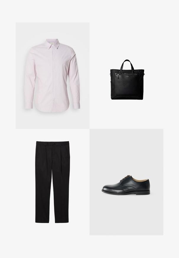 Chemise à manches longues rayée rose clair en coton, dotée d'un col boutonné et d'un petit logo sur la poitrine. Texture lisse.; Pantalons formels noirs pour hommes avec poches avant, passants pour ceinture, fermeture par bouton et coupe droite.; Calvin Klein ESS DERBY - Derbies - triple black; Sac cabas noir avec doubles poignées, grande poche avant en cuir avec fermeture éclair et logo discret Calvin Klein au centre de la poche.