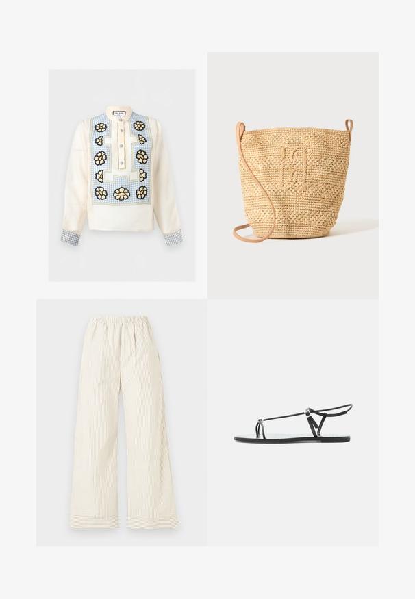 Blouse crème à manches longues avec motif à carreaux bleus, broderie florale jaune et noire sur le devant et les poignets, et boutons bleus sur une patte courte.; Pantalon à jambes larges avec rayures verticales beige et blanches, taille élastique, et poignets à rayures horizontales sur fond uni.; Sandale plate noire avec fines lanières, une boucle pour les orteils et une boucle de cheville ajustable sur un fond gris clair.; Sac seau en paille tressée avec motif texturé et bandoulière en cuir, présenté debout sur un fond clair uni.