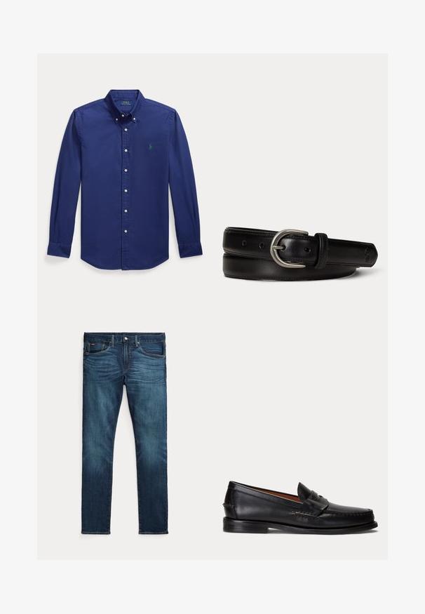 Marineblauwe langemouwen overhemd met knopen van katoen. Heeft een puntige kraag en een klein groen geborduurd logo op de linkerkant van de borst.; Donkerblauwe slim-fit jeans met vooraan een knoop en ritssluiting, vijf zakken en subtiel vervagen op de voorkant van de dijen en knieën.; Zwarte leren loafer met lage hak en penny-strap detail, van opzij getoond op een lichtgrijze achtergrond.; Zwarte leren riem met zilverkleurige ovale gesp, gestikte randen en een gegraveerd klein logo nabij de spitse punt, opgerold liggend op een witte achtergrond.