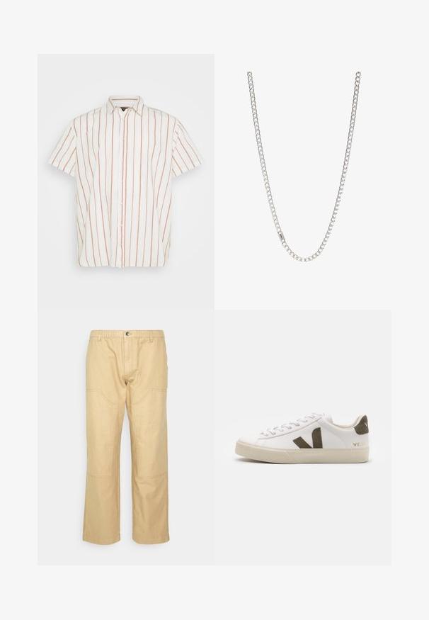 Kortærmet skjorte med knapper i hvidt stof, der har smalle, lodrette røde striber. Klassisk krave og lige kantdesign.; Redefined Rebel RRJASON PANTS PLUS - Bukser - travertine; Hvide læder sneakers med en lys beige gummisål. Har en brun ruskinds V-logo og hælflap. Snørret lukning med en struktureret overflade.; Sølv kædedesign med sammenkoblede led, glat tekstur og ensartet rektangulær form. Sikker lukning.
