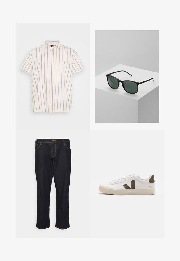 Kortærmet skjorte med knapper i hvidt stof, der har smalle, lodrette røde striber. Klassisk krave og lige kantdesign.; Jack & Jones JJICHRIS JJORIGINAL - Jeans Relaxed Fit - blue denim; Hvide læder sneakers med en lys beige gummisål. Har en brun ruskinds V-logo og hælflap. Snørret lukning med en struktureret overflade.; Sorte rektangulære solbriller med mørkegrønne linser, udstyret med en let plastisk stel og sølvdetaljer på stængerne.