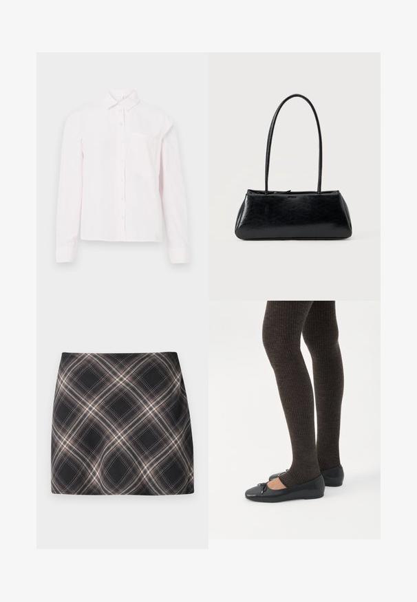 Chemise rose pâle à manches longues avec un col et une poche sur la poitrine, présentée sur un fond blanc.; Jupe mini à carreaux noir et beige avec un motif à checks diagonal, taille ajustée et texture de tissu lisse.; Jambes portant des leggings côtelés foncés associés à des ballerines noires avec de petits détails en nœud sur fond blanc.; Sac à épaule rectangulaire noir avec de longues bretelles fines et une texture lisse et brillante sur un fond uni.