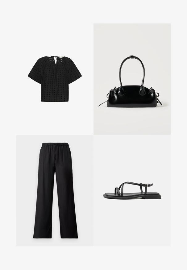 Blouse noire en tissu texturé avec des découpes carrées, des manches courtes et une fermeture à nouer à l'arrière. Présente un design à coupe ample.; Pantalons larges noirs en tissu léger, dotés d'une taille élastique avec cordon de serrage et d'une texture lisse.; Sandales plates noires avec de fines brides réglables, un entre-doigt rectangulaire et une finition mate texturée. Elles présentent un talon bas légèrement carré.; Petit sac à main noir brillant avec deux longues anses et des détails à cordon sur les côtés sur un fond clair uni.