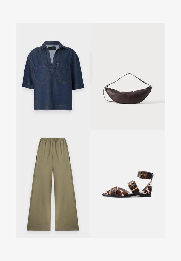 Chemise en denim bleu foncé à manches courtes, col en V large, avec col et deux poches poitrine devant avec coutures visibles.; Pantalon large vert olive avec taille élastique, devant plat et sans poches visibles, présenté sur un fond blanc.; Sandale plate à bout pointu avec imprimé vache marron et blanc, bretelles en cuir noir et trois grandes boucles dorées, dont une autour de la cheville.; Sac d'épaule en cuir marron foncé en forme de croissant avec une lanière courbée et des coutures visibles sur fond uni.