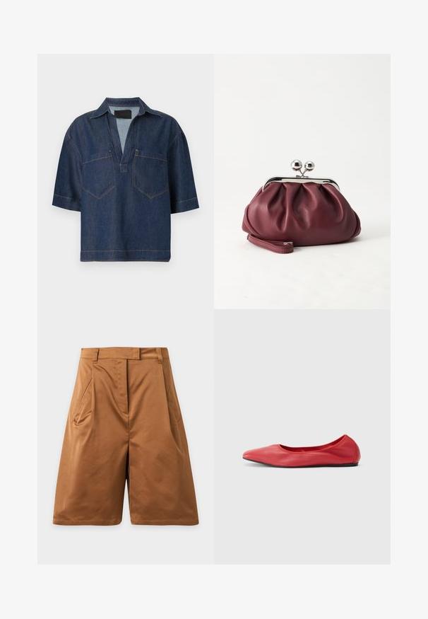 Chemise en denim bleu foncé à manches courtes, col en V large, avec col et deux poches poitrine devant avec coutures visibles.; Shorts marron longueur genou avec poches latérales et passants de ceinture, en tissu lisse, présentés sur un fond gris clair uni.; Filippa K REY FLATS - Ballerines - bright red; Petit sac pochette en cuir bordeaux avec fermoir métallique argenté et bracelet sur fond blanc.