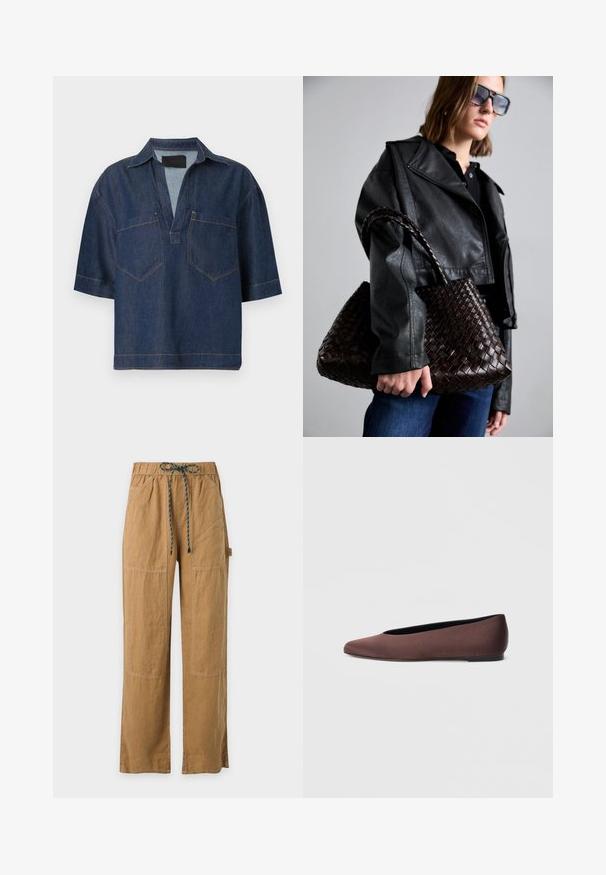 Chemise en denim bleu foncé à manches courtes, col en V large, avec col et deux poches poitrine devant avec coutures visibles.; Pantalon droit marron clair avec taille élastique et cordon foncé, poches avant et coutures visibles.; Ballerines en tissu marron avec un bout pointu et une texture lisse, dotées d'un talon bas et d'une fine semelle noire. Aucune motif ni élément métallique visible.; DRAGON DIFFUSION SANTA CROCE BIG - Sac à main - dark brown