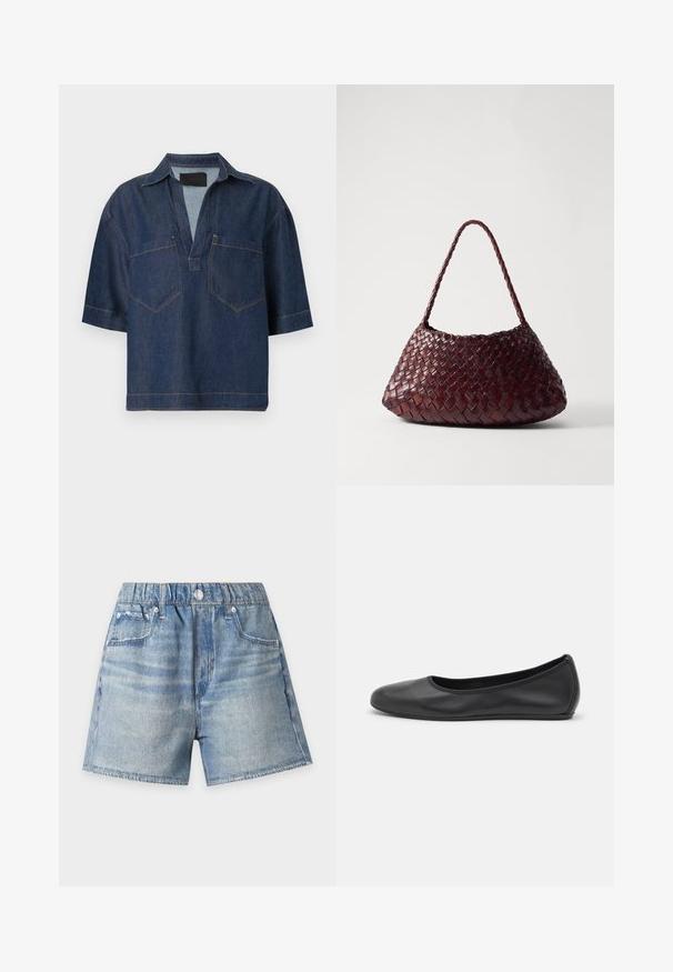 Chemise en denim bleu foncé à manches courtes, col en V large, avec col et deux poches poitrine devant avec coutures visibles.; Short en jean bleu clair avec taille élastique, bouton à l'avant et poches, présenté sur un fond blanc uni.; Ballerines en cuir noir avec un bout rond, texture lisse, détails de couture minimalistes et design de semelle flexible.; DRAGON DIFFUSION ROSANNA - Sac à main - bruciato