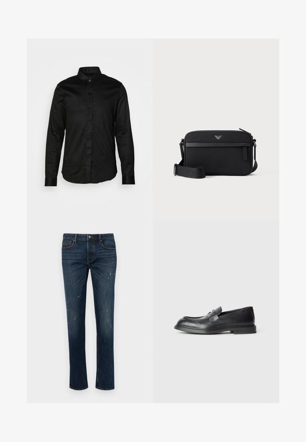 Schwarzes Langarmhemd aus glattem Stoff mit Kragen, Knopfleiste vorne und kontrastierenden Manschetten. Keine sichtbaren Muster oder Grafiken.; Dunkelblaue Slim-Fit-Jeans mit leichtem Verblassen und kleinen weißen Farbspritzern, ausgestattet mit fünf Taschen und Knopfverschluss.; Schwarze Lederloafer mit strukturierter Oberfläche, versehen mit einem dekorativen Frontriemen und einer abgerundeten Spitze. Gummisohle für Langlebigkeit.; Schwarze rechteckige Umhängetasche mit vorderer Reißverschlusstasche, verstellbarem Schultergurt und kleinem Metalllogo oben in der Mitte.