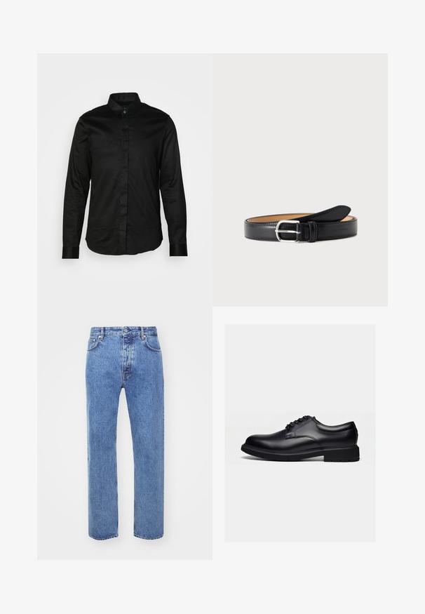 Sort langærmet skjorte fremstillet af glat stof, med krave, knaplukning foran og kontrasterende manchetter. Ingen synlige mønstre eller grafikker.; Won Hundred STEVE - Jeans Relaxed Fit - cut blue; Sort poleret lædersko med snøredesign og tyk gummisål, vist fra siden på en ensartet lys baggrund.; Sort læderbælte med sølvfarvet rektangulært spænde, rullet med spænde vendt fremad på en ensfarvet lys baggrund.