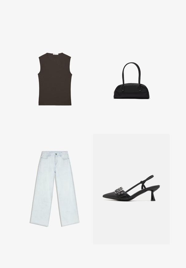 Débardeur sans manches brun foncé à col rond avec ourlet droit, présenté à plat sur un fond blanc.; Jean bleu clair à jambes larges avec fermeture à boutons et fermeture éclair sur le devant, passants pour ceinture et style cinq poches, posé à plat sur un fond blanc.; Simmi London DALA - Escarpins - black; Sac à main en cuir noir avec des poignées longues et arrondies et un corps rectangulaire incurvé, doté d'une fermeture éclair supérieure.