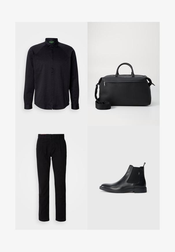 Schwarzes Langarmhemd mit strukturiertem geometrischem Muster, klassischem Kragen, Knopfleiste und abgerundetem Saum. Der Stoff wirkt glatt. Logo auf der Brust.; Schwarze Baumwoll-Chinos mit geradem Bein, ausgestattet mit flacher Vorderseite, Gürtelschlaufen und einem einzelnen Knopfverschluss. Glatte Textur ohne sichtbare Muster.; Schwarze Leder Chelsea-Boots mit elastischen seitlichen Einsätzen, einer Zugschlaufe und einer flachen Gummisohle. Glatte Textur mit minimaler Ausgestaltung.; Schwarze Leder-Reisetasche mit zwei Oberhandgriffen, einem abnehmbaren Schultergurt und einer Reißverschlusstasche auf der Vorderseite für zusätzlichen Stauraum.