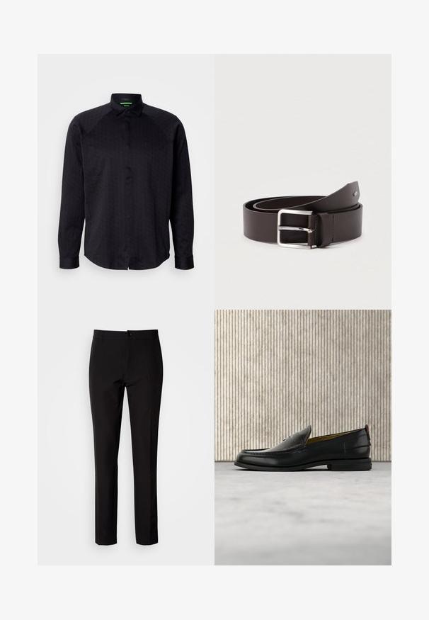 Zwarte lange mouwen shirt met een getextureerd geometrisch patroon, gespreide kraag, knoopsluiting en gebogen zoom. Stof lijkt glad. Logo op de borst.; Zwarte broek van gladde stof, met rechte pijpen, een sluiting met knopen aan de voorkant en subtiele zijzakken. Eenvoudige en op maat gemaakte uitstraling.; Zwarte leren herenslipper met een krokodillen-embossed voorblad en een lage hak, zij-aanzicht op een neutrale achtergrond.; Bruine leren riem met een gladde afwerking, voorzien van een rechthoekige zilverkleurige metalen gesp en contrasterende stikseldetails.