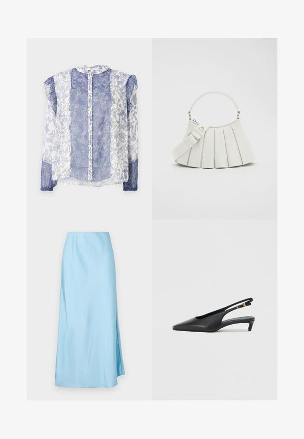 Blauw en wit met bloemenpatroon blouse, doorschijnende stof, knopen aan de voorkant, gerimpelde mouwen, ronde halslijn, textuur met ingewikkelde details.; Lichtblauwe midi-rok met een gladde textuur, voorzien van een kleine split aan de zijkant en een elastische tailleband voor comfort en draaggemak.; Zwarte slingback pumps met een spitse neus, een gladde leren textuur, een lage kittenhak en een bandje met een metalen gespaccent.; Lacoste LENGLEN BAG - Handtas - cristalline